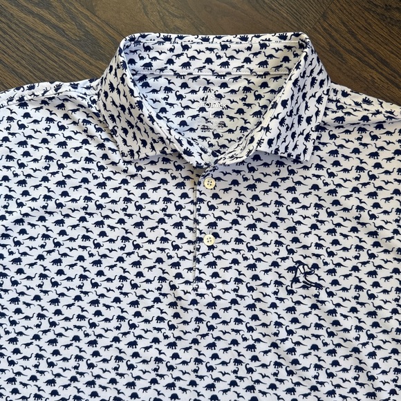 Men's Rhoback The Rex Golf Shirt Navy Blue & White Dinosaur Patterned Shirt Sz L - Picture 1 of 16